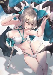 Rule 34 | 1girl, ahoge, bikini, blonde hair, blue ribbon, blush, breasts, cleavage, collarbone, fate/grand order, fate (series), front-tie bikini top, front-tie top, hair ribbon, highleg, highleg bikini, highleg bikini bottom, katana, looking at viewer, medium breasts, navel, okita j. souji (fate), okita souji (fate), okita souji (koha-ace), over shoulder, parfaitlate, ribbon, scarf, shadow, short hair, smile, solo, swimsuit, sword, sword over shoulder, thighs, water, weapon, weapon over shoulder, yellow eyes