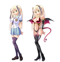 Rule 34 | bare shoulders, blonde hair, breasts, cleavage, demon girl, horns, kyonyuu majo, large breasts, school uniform, demon girl, tail, tenma cecile, thighhighs, transformation, twintails, wings