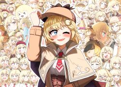 Rule 34 | &gt; &lt;, 1girl, blonde hair, blue eyes, blush, brown hat, brown jacket, brown skirt, chibi, collared shirt, ddolbang, deerstalker, fake facial hair, fake mustache, hair ornament, hat, high-waist skirt, highres, hololive, hololive english, jacket, looking at viewer, monocle, necktie, one eye closed, open mouth, red necktie, shirt, short hair, skirt, smile, smol ame, solo, virtual youtuber, watson amelia, watson amelia (1st costume), white shirt