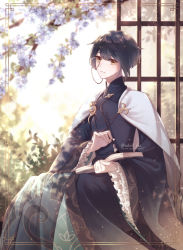 Rule 34 | 1boy, absurdres, artist name, asymmetrical hair, black hair, bloom, blue coat, blue flower, book, branch, brill p, calligraphy brush, cape, coat, commentary, eyelashes, flower, frilled sleeves, frills, genshin impact, grey cape, hair between eyes, highres, holding, holding book, holding brush, leaf, lens flare, light particles, light rays, long sleeves, looking at viewer, male focus, monocle, open book, paintbrush, parted lips, plant, short hair, sidelocks, sitting, solo, twitter username, wide sleeves, xingqiu (aoi no okina) (genshin impact), xingqiu (genshin impact), yellow eyes