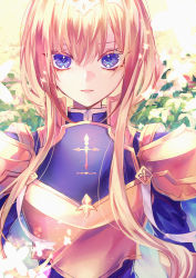 Rule 34 | 1girl, absurdres, alice zuberg, armor, blonde hair, blue armor, blue shirt, breastplate, closed mouth, commentary, falling petals, gold armor, gold trim, hair between eyes, headpiece, highres, long hair, long sleeves, looking at viewer, petals, ribbon, shiroraba, shirt, shoulder armor, sidelocks, solo, sword art online, sword art online: alicization, upper body, white ribbon