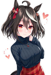 Rule 34 | 1girl, ahoge, animal ears, black hair, black sweater, blush, breasts, closed mouth, commentary request, hair between eyes, hand up, heart, highres, horse ears, horse girl, horse tail, kitasan black (umamusume), long sleeves, medium breasts, multicolored hair, plaid, plaid skirt, puffy long sleeves, puffy sleeves, red eyes, red skirt, ribbed sweater, simple background, skirt, sleeves past wrists, smile, solo, streaked hair, sweater, tail, tomo (tmtm mf mf), turtleneck, turtleneck sweater, two side up, umamusume, white background, white hair