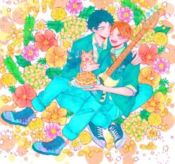 Rule 34 | 2boys, bibibimix39, black cat, black hair, blonde hair, cake, carrying, carrying person, cat, floral background, food, given, guitar, holding, holding plate, instrument, kashima hiiragi (given), male focus, multiple boys, orange cat, plate, school uniform, shoes, single arm hug, white background, yagi shizusumi (given), yaoi