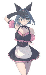 Rule 34 | 1girl, absurdres, alternate costume, apron, arms up, belt, black gloves, blue eyes, blue hair, bow, detached sleeves, earrings, elbow gloves, gloves, haekel, hair bow, hair intakes, hair ornament, highres, hololive, hololive english, jewelry, looking at viewer, maid apron, ouro kronii, short hair, skull hair ornament, solo, stud earrings, virtual youtuber, white background