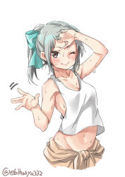 Rule 34 | 1girl, ;), aqua bow, arm up, armpits, blush, bow, breasts, cleavage, closed mouth, collarbone, coveralls, ebifurya, green bow, grey hair, hair bow, hand on forehead, highres, jumpsuit, kantai collection, lips, looking at viewer, navel, one eye closed, ponytail, short hair, sidelocks, simple background, small breasts, smile, solo, stomach, sweat, tank top, twitter username, undershirt, upper body, waving, wet, white background, yuubari (kancolle)