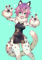 Rule 34 | 1girl, chinese clothes, furry, furry female, green eyes, open mouth, purple hair, rikose, smile, snow leopard, solo