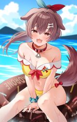 1girl absurdres animal_ears bikini blue_sky blush bone_hair_ornament breasts brown_eyes brown_hair cleavage cloud collar dog_ears dog_girl dog_tail fangs hair_ornament highres hololive innertube inugami_korone long_hair looking_at_viewer maki_oimo medium_breasts navel open_mouth ponytail red_collar sky smile solo swim_ring swimsuit tail virtual_youtuber water yellow_bikini