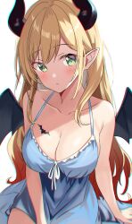 Rule 34 | 1girl, absurdres, alternate costume, bat tattoo, blonde hair, blue dress, blush, breasts, chest tattoo, chromatic aberration, cleavage, collarbone, commentary, cowboy shot, demon horns, demon wings, dress, gradient hair, green eyes, halter dress, halterneck, highres, hololive, horns, large breasts, long hair, looking at viewer, masaki (masakinariya), multicolored hair, parted lips, pink hair, pointy ears, sidelocks, simple background, sitting, sleeveless, sleeveless dress, solo, tattoo, two-tone hair, virtual youtuber, white background, wings, yuzuki choco