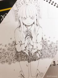 Rule 34 | 1girl, ascot, blunt bangs, closed mouth, collared shirt, commentary request, dress shirt, flower, greyscale, highres, holding, holding flower, loafers, long hair, long sleeves, looking away, monochrome, original, own hands together, photo (medium), pleated skirt, rose, school uniform, shirt, shoes, sitting, skirt, sofra, solo, traditional media, twitter username, very long hair