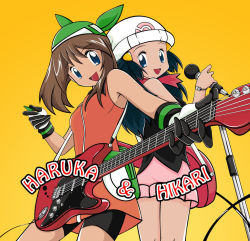 Rule 34 | 00s, 2girls, alternate costume, bandana, bike shorts, blue eyes, character name, creatures (company), dawn (pokemon), electric guitar, fender stratocaster, game freak, guitar, hat, instrument, may (pokemon), may (pokemon emerald), microphone, microphone stand, multiple girls, nintendo, pokemon, pokemon dppt, pokemon emerald, pokemon rse, xilver100, yellow background