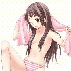 Rule 34 | 1girl, bad id, bad pixiv id, brown eyes, brown hair, flat chest, highres, long hair, navel, one eye closed, open mouth, original, panties, sitting, solo, striped clothes, striped panties, towel, underwear, usashiro mani, wet, wink