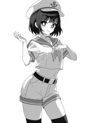 Rule 34 | 1girl, anchor symbol, bright pupils, closed mouth, commentary request, contrapposto, cowboy shot, greyscale, halftone, hand up, hat, looking at viewer, midriff, monochrome, murasa minamitsu, navel, neckerchief, onkn sxkn, peaked cap, sailor collar, sailor shirt, shirt, short hair, short sleeves, shorts, simple background, smile, solo, thighhighs, touhou, white background, white pupils