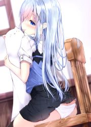 Rule 34 | 1girl, adapted costume, ass, black skirt, black thighhighs, blue eyes, blue hair, blue vest, blurry, blurry background, blush, butt crack, cat-shaped pillow, chair, clothes lift, commentary, depth of field, gochuumon wa usagi desu ka?, hair between eyes, hair ornament, highres, holding, holding pillow, indoors, kafuu chino, kouda suzu, long hair, on chair, panties, panty pull, pillow, pleated skirt, puffy short sleeves, puffy sleeves, rabbit house uniform, shirt, short sleeves, sitting, skindentation, skirt, skirt lift, solo, sunlight, thighhighs, tongue, tongue out, underwear, uniform, very long hair, vest, waitress, white panties, white shirt, window, x hair ornament