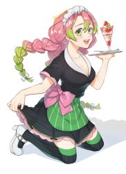 Rule 34 | 1girl, :d, absurdres, adapted costume, apron, black dress, black thighhighs, blush, bow, braid, breasts, cleavage, colored tips, contemporary, dessert, dress, floating hair, food, fruit, full body, gradient hair, green apron, green eyes, green hair, hair bow, hand up, high heels, highres, holding, holding tray, kanroji mitsuri, kimetsu no yaiba, kneeling, long hair, looking at viewer, maid headdress, mole, mole under eye, multicolored hair, multiple braids, open mouth, parfait, pink bow, pink hair, pleated dress, ribbed legwear, shadow, shinishi chiho, short dress, short hair, simple background, skirt hold, smile, solo, spoon, strawberry, thighhighs, tray, tri braids, waist apron, waitress, white background, white footwear, zettai ryouiki
