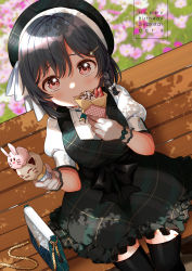 Rule 34 | 1girl, a pure and lovely moment (love live!), alternate hairstyle, artist name, artist request, bag, belt, beret, black hair, black hat, black legwear, black skirt, blue hair, bow, bowtie, braid, breasts, buttons, checkered clothes, checkered skirt, dark blue hair, dark green hair, dress, field, flower, flower field, green belt, green bow, hair between eyes, hair ornament, hairclip, handbag, hat, holding, holding ice cream cone, ice cream cone, long sleeves, looking at viewer, looking up, love live!, love live! nijigasaki high school idol club, love live! school idol festival, love live! school idol festival all stars, mifune shioriko, miniskirt, orange eyes, outdoors, parted lips, plaid, plaid skirt, pleated, pleated skirt, puffy long sleeves, puffy sleeves, red eyes, short hair, single braid, sitting, skirt, small breasts, smile, solo, white bow, white dress