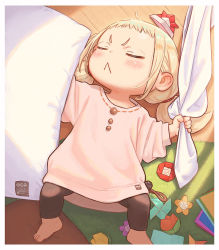 Rule 34 | 1girl, :&lt;, blonde hair, child, closed eyes, commentary, indoors, kozato (yu kozato), low twintails, lying, on back, origami, original, oversized clothes, paper hat, paper kabuto, pillow, pink shirt, ribbon-trimmed skirt, ribbon trim, shirt, short twintails, sleeping, twintails