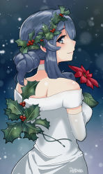 Rule 34 | 1girl, alternate costume, back, bad id, bad pixiv id, bare shoulders, blue background, blue eyes, blue hair, blush, breasts, choker, christmas, closed mouth, commentary, dress, elbow gloves, eyelashes, female focus, flower, from behind, gloves, gotland (kancolle), gradient background, hair over shoulder, hair up, head wreath, highres, holding, holding flower, holly, kantai collection, lips, long hair, looking at viewer, looking back, medium breasts, merry christmas, neck, off-shoulder dress, off shoulder, poinsettia, psidubs, red flower, signature, smile, solo, white choker, white dress, white gloves