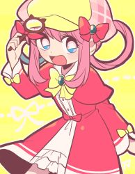 Rule 34 | 1girl, :d, blue eyes, blush, bow, cowboy shot, deerstalker, dress, frilled dress, frills, hair between eyes, hair rings, hat, holding, long hair, long sleeves, looking at viewer, magnifying glass, open mouth, pink bow, pink dress, pink hair, red bow, ribbon, sherlock shellingford, sidelocks, smile, solo, striped, striped background, swept bangs, tantei opera milky holmes, tsunoji, yellow background, yellow bow, yellow hat