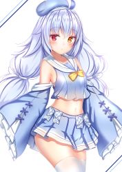 Rule 34 | 1girl, ahoge, armpits, azur lane, bare shoulders, beret, blue hair, blue hat, blue shirt, blue skirt, blush, bow, bowtie, breasts, collarbone, commentary request, cowboy shot, crop top, crop top overhang, detached sleeves, hat, heterochromia, highres, long hair, long sleeves, looking at viewer, midriff, miniskirt, mole, mole under eye, navel, nicholas (azur lane), parted lips, plaid, plaid bow, pleated skirt, pleated sleeves, red eyes, sailor collar, school uniform, serafuku, shirt, simple background, skirt, sleeves past fingers, sleeves past wrists, small breasts, solo, standing, stomach, thighhighs, white background, white sailor collar, white thighhighs, wide sleeves, yellow bow, yellow eyes, yuano, zettai ryouiki