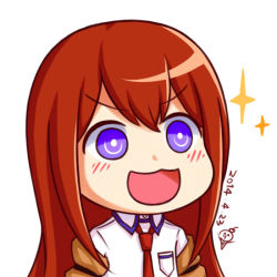 Rule 34 | 1girl, 2014, :3, :d, aisukurimu, brown hair, chibi, dated, gyate gyate, long hair, makise kurisu, necktie, open mouth, purple eyes, red necktie, smile, solo, sparkle, steins;gate, upper body, v-shaped eyebrows