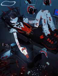 1girl ame-chan_(needy_girl_overdose) bags_under_eyes bandaged_arm bandaged_leg bandages black_footwear black_hair black_nails black_ribbon black_skirt bleeding blood bloody_handprints blunt_bangs cardiogram dark_room full_body glitch grey_eyes hair_ornament hair_over_one_eye hair_ribbon halo handprint highres holding holding_phone jaggy_lines knees_together_feet_apart legs_up loose_socks lying nail_polish needy_girl_overdose on_back phone pill pill_bottle platform_footwear poster_(object) razor red_nails red_ribbon red_shirt ribbon self-harm_scar shirt skirt socks straight_razor suspender_skirt suspenders twintails twitter_username watermark white_halo white_socks winged_footwear x_hair_ornament xdoxa89