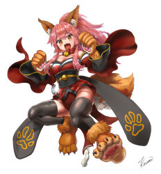 Rule 34 | 1girl, animal ear fluff, animal ears, animal hands, artist request, bell, black legwear, blush stickers, breasts, cat paws, cleavage, collar, collarbone, commentary, commentary request, fang, fate/grand order, fate (series), fox ears, fox girl, fox tail, gloves, highres, japanese clothes, jingle bell, kimono, large breasts, long hair, looking at viewer, looking down, neck bell, no panties, open mouth, paw gloves, paw shoes, pink hair, ponytail, red kimono, shoes, signature, simple background, solo, tail, tamamo (fate), tamamo cat (fate), tamamo cat (first ascension) (fate), white background, yellow eyes