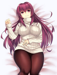 Rule 34 | 1girl, breasts, clenched hand, closed mouth, fate/grand order, fate (series), highres, large breasts, long hair, long sleeves, looking at viewer, lying, nano (syoutamho), on back, on bed, pantyhose, purple hair, red eyes, ribbed sweater, scathach (fate), smile, solo, sweater, thighs, turtleneck, turtleneck sweater