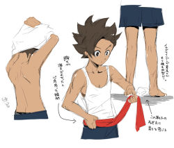 Rule 34 | 10s, 1boy, barefoot, brown hair, from behind, inazuma eleven (series), inazuma eleven go, inazuma eleven go galaxy, kusa chuu, male focus, matatagi hayato, short hair, simple background, sketch, solo, standing, topless male, translation request, undressing, white background