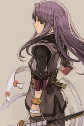 Rule 34 | 1girl, breasts, closed mouth, green eyes, grey background, holding, holding sword, holding weapon, hungry clicker, long hair, looking at viewer, male focus, purple hair, short sleeves, solo, sword, tales of (series), tales of vesperia, weapon, wristband, yuri lowell