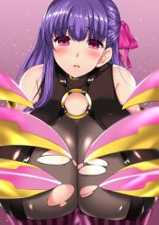 Rule 34 | 1girl, bare shoulders, blush, breasts, circussion, claws, commentary request, fate/extra, fate/extra ccc, fate/grand order, fate (series), hair ribbon, huge breasts, lips, long hair, looking at viewer, o-ring, o-ring top, passionlip (fate), pink eyes, pink ribbon, purple hair, ribbon, solo, torn clothes