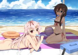Rule 34 | 10s, 2girls, :d, ahoge, ass, bad id, bad pixiv id, ball, bare arms, bare legs, bare shoulders, barefoot, beach, beach towel, beach umbrella, beachball, bikini, black bikini, blue eyes, blue sky, bow, box, braid, breasts, brown hair, cleavage, clothed female nude female, cloud, collarbone, day, eating, eyebrows, food, frilled innertube, from side, hair bow, hair flaps, hair ornament, hair ribbon, hairclip, hairpin, highres, holding, holding food, innertube, kantai collection, large areolae, long hair, looking at viewer, looking to the side, lying, melting, multiple girls, navel, nude, nudist, ocean, on stomach, open mouth, outdoors, pink hair, popsicle, red bow, red eyes, red ribbon, ribbon, rong yi tan, sand, seiza, shade, shigure (kancolle), shore, side-tie bikini bottom, single braid, sitting, sky, small breasts, smile, stomach, swim ring, swimsuit, tareme, towel, transparent, umbrella, water, yuudachi (kancolle)