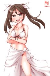 Rule 34 | 1girl, artist logo, bikini, black eyes, black hair, bottomless, breasts, commentary request, cowboy shot, crossed arms, dated, front-tie top, highres, kanon (kurogane knights), kantai collection, looking at viewer, no panties, open mouth, sarong, simple background, small breasts, smile, solo, swimsuit, tone (kancolle), white background, white bikini, white sarong