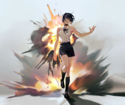 Rule 34 | 1girl, bare arms, bare shoulders, black choker, black footwear, black hair, black ribbon, black shorts, black socks, blouse, blurry, blurry background, chainsaw man, choker, collared shirt, explosion, fire, green eyes, grenade pin, grey background, hair over one eye, hand up, highres, loafers, looking at viewer, neck ribbon, neckwear request, outstretched arm, parted lips, phobii (tsubaki j), pulling, reze (chainsaw man), ribbon, shadow, shirt, shirt tucked in, shoes, short hair, shorts, sleeveless, sleeveless shirt, smile, smoke, socks, solo, standing, string, walking, white shirt, wide shot