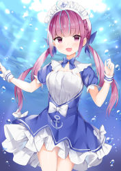 Rule 34 | 1girl, :d, absurdres, anchor, anchor symbol, blue bow, blue dress, blue nails, blue ribbon, blurry, blurry background, blush, bow, colored inner hair, commentary request, day, depth of field, dress, frilled dress, frills, fuyuki030, hair ribbon, highres, hololive, long hair, looking at viewer, maid headdress, minato aqua, minato aqua (1st costume), multicolored hair, nail polish, open mouth, outdoors, puffy short sleeves, puffy sleeves, purple eyes, purple hair, ribbon, short sleeves, smile, solo, sunlight, twintails, two-tone hair, underwater, very long hair, virtual youtuber, white bow, wrist cuffs
