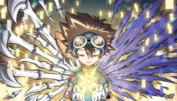 Rule 34 | 1boy, akamine naoki, asymmetrical wings, blue shirt, brown hair, closed eyes, digimon, digimon adventure, gloves, goggles, goggles on head, gradient background, hands up, highres, male focus, metalgreymon, mismatched wings, naoki akamine, parted lips, shirt, short sleeves, skeletal wings, skullgreymon, solo, teeth, torn wings, upper body, white gloves, wings, yagami taichi