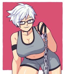 Rule 34 | 1girl, assertive female, bare shoulders, black lips, breasts, chain, chain leash, cleavage, clip studio paint (medium), commission, earrings, grey shorts, grey tank top, highres, jewelry, large breasts, leash, lip piercing, messy hair, midriff, navel, nose piercing, original, piercing, pov, red background, short hair, shorts, solo, tank top, two-tone background, vibrantrida, white background, white eyes, white hair