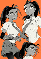 1girl absurdres ahoge black_hair bracer breast_pocket breasts collared_shirt creatures_(company) fingerless_gloves freckles game_freak gloves greyscale hand_on_own_hip highres inunuki_000 large_breasts looking_at_viewer monochrome multicolored_hair multiple_views naranja_academy_school_uniform necktie nemona_(pokemon) nintendo open_mouth orange_background pocket pokemon pokemon_sv ponytail school_uniform shirt single_bracer smile solo two-tone_hair upper_body uva_academy_school_uniform white_shirt