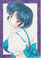 Rule 34 | 1990s (style), 1girl, blouse, blue bow, blue dress, blue hair, border, bow, breasts, closed mouth, dress, dress bow, eyelashes, from side, fuurinkan high school uniform, highres, large breasts, lips, looking at viewer, looking back, looking to the side, marker (medium), outline, outside border, parted bangs, pinafore dress, puffy short sleeves, puffy sleeves, purple border, ranma 1/2, rascal (n119), retro artstyle, school uniform, shirt, short hair, short sleeves, sleeveless, sleeveless dress, solo, tendou akane, traditional media, upper body, white background, white outline, white shirt