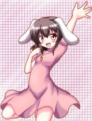 Rule 34 | 1girl, animal ears, blush, brown hair, rabbit ears, dress, female focus, hand up, inaba tewi, jewelry, open \m/, pendant, content rating, red eyes, short hair, solo, touhou, yakumo nanahara