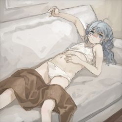 Rule 34 | 1girl, blanket, blue eyes, closed mouth, couch, female focus, flat chest, grey hair, hair between eyes, hand on own stomach, hibiki (kancolle), highres, indoors, kantai collection, kuro4221, long hair, looking at viewer, lying, messy hair, on back, on couch, panties, solo, tank top, underwear, white panties, white tank top