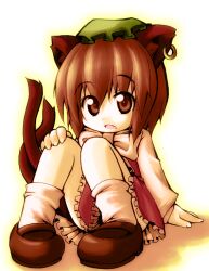 Rule 34 | 1girl, animal ears, brown eyes, brown footwear, brown hair, cat ears, cat tail, chen, commentary request, convenient skirt, dress, fang, frilled dress, frills, green hat, hand on own knee, hat, long sleeves, looking at viewer, meta&#039;36, multiple tails, open mouth, red dress, shirt, shoes, short hair, sitting, slit pupils, socks, solo, tail, touhou, two tails, white shirt, white socks