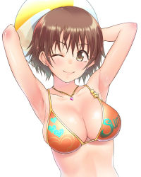 Rule 34 | 1girl, ;d, armpits, ball, beachball, bikini, breasts, brown eyes, brown hair, cleavage, collarbone, earrings, hair between eyes, heart, heart necklace, highres, holding, holding ball, honda mio, idolmaster, idolmaster cinderella girls, jewelry, large breasts, looking at viewer, necklace, one eye closed, open mouth, orange bikini, print bikini, print bikini top, shirota mizuki, short hair, sideboob, simple background, smile, solo, swimsuit, upper body, wet, white background