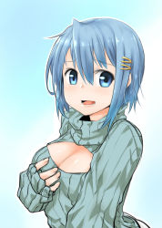 Rule 34 | 10s, 1girl, blue eyes, blue hair, breasts, casual, cleavage, cleavage cutout, clothing cutout, hair ornament, hairclip, highres, kaho (amal135), large breasts, mahou shoujo madoka magica, mahou shoujo madoka magica (anime), matching hair/eyes, meme attire, miki sayaka, open-chest sweater, open mouth, ribbed sweater, short hair, sleeves past wrists, smile, solo, sweater, turtleneck