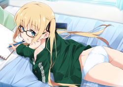 Rule 34 | 1girl, ass, bare shoulders, bed sheet, black-framed eyewear, black ribbon, blonde hair, blue eyes, blush, bra, cellphone, commentary request, glasses, green jacket, hair between eyes, hair ribbon, hand up, highres, holding, holding pen, jacket, long hair, long sleeves, looking at viewer, looking to the side, lying, mousou (mousou temporary), notepad, off shoulder, on stomach, open clothes, open jacket, panties, parted lips, pen, phone, pillow, ribbon, saenai heroine no sodatekata, sawamura spencer eriri, sleeves past wrists, solo, twintails, underwear, very long hair, white bra, white panties