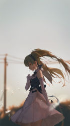 1girl, absurdres, aqua eyes, aqua hair, arm at side, back bow, backlighting, bare shoulders, black bow, black hairband, black ribbon, blowing, blurry, blurry background, bow, commentary, cowboy shot, dandelion, dandelion seed, depth of field, dress, elbow gloves, evening, expressionless, eyebrows visible through hair, facing away, flat chest, floating hair, flower, frills, from side, gloves, grey sky, hairband, half-closed eyes, hand up, hatsune miku, highres, holding, jitome, long hair, mando, miku symphony (vocaloid), neck ribbon, outdoors, pleated dress, power lines, profile, ribbon, short dress, sky, solo, striped, striped ribbon, sunlight, twintails, vocaloid, white dress, white gloves, wide shot