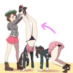 Rule 34 | 2girls, all fours, arms up, arrow (symbol), black footwear, black hair, black jacket, boots, breasts, brown eyes, brown footwear, brown hair, buttons, clothes lift, clothing cutout, creatures (company), cropped jacket, cross-laced footwear, dress, dress lift, female focus, game freak, gloria (pokemon), green eyes, green headwear, green socks, grey hair, hair ribbon, handstand, happy, highres, hood, hood down, hooded cardigan, jacket, leg grab, legs, long sleeves, looking at another, looking down, marnie (pokemon), matching hair/eyes, medium hair, microsd (pibo), multicolored hair, multiple girls, multiple views, navel, nintendo, open clothes, open jacket, open mouth, panties, pantyshot, pink dress, pink ribbon, pokemon, pokemon swsh, pom pom (clothes), purple panties, ribbon, shiny skin, short dress, short hair, side-tie panties, simple background, small breasts, smile, socks, stomach, tam o&#039; shanter, teeth, twintails, two-tone hair, undercut, underwear, upside-down, upskirt, white background