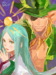 Rule 34 | 1boy, 1girl, amaterasu (p&amp;d), aqua eyes, aqua hair, coat, eyepatch, green eyes, hat, japanese clothes, jewelry, long hair, long sleeves, lotus (elico), necklace, odin (p&amp;d), own hands together, puzzle &amp; dragons, sun