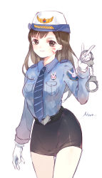 Rule 34 | 1girl, adapted costume, animal print, black skirt, blue shirt, breast pocket, breasts, brown eyes, brown hair, collared shirt, cowboy shot, cuffs, d.va (overwatch), facepaint, facial mark, female service cap, gloves, handcuffs, hat, highres, holding, light smile, long hair, long sleeves, looking at another, medium breasts, miniskirt, misononeko, necktie, officer d.va, official alternate costume, overwatch, overwatch 1, pocket, rabbit print, shirt, simple background, skirt, solo, striped necktie, striped neckwear, swept bangs, v, whisker markings, white background, white gloves