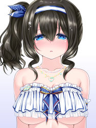 Rule 34 | 1girl, bare shoulders, bikini, black hair, blue bow, blue eyes, blue ribbon, blush, bow, breasts, cleavage, collarbone, commentary request, gradient background, hair between eyes, hair ornament, hair ribbon, hairband, heart, heart necklace, highres, idolmaster, idolmaster cinderella girls, idolmaster cinderella girls starlight stage, jewelry, large breasts, necklace, nose blush, parted lips, pendant, polka dot, polka dot ribbon, purple background, ribbon, sagisawa fumika, side ponytail, sidelocks, solo, star (symbol), star hair ornament, swimsuit, u2 (5798239), underboob, upper body, white background, white bikini, white hairband
