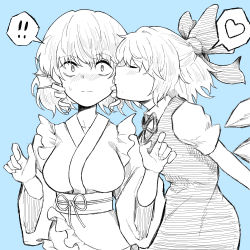 Rule 34 | !, !!, 2girls, arms behind back, blue background, blush, bow, cirno, closed eyes, commentary, drill hair, facing another, fe (tetsu), fins, hair bow, head fins, heart, ice, ice wings, japanese clothes, kimono, kiss, kissing cheek, multiple girls, obi, sash, short hair, short sleeves, simple background, spoken exclamation mark, spoken heart, sweat, touhou, upper body, wakasagihime, wide sleeves, wings, yuri